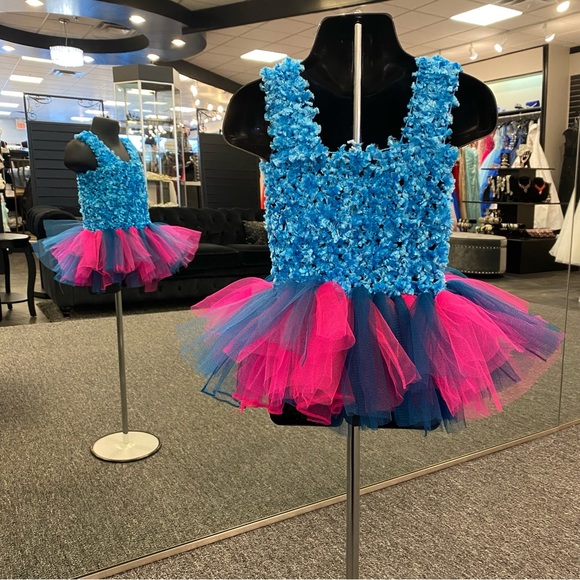Handmade Fuzzy Tutu Dress Teal and Pink - Picture 3 of 3